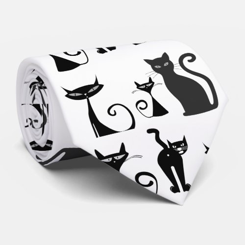 Black  and White Pattern with Funny Looking Cats Neck Tie