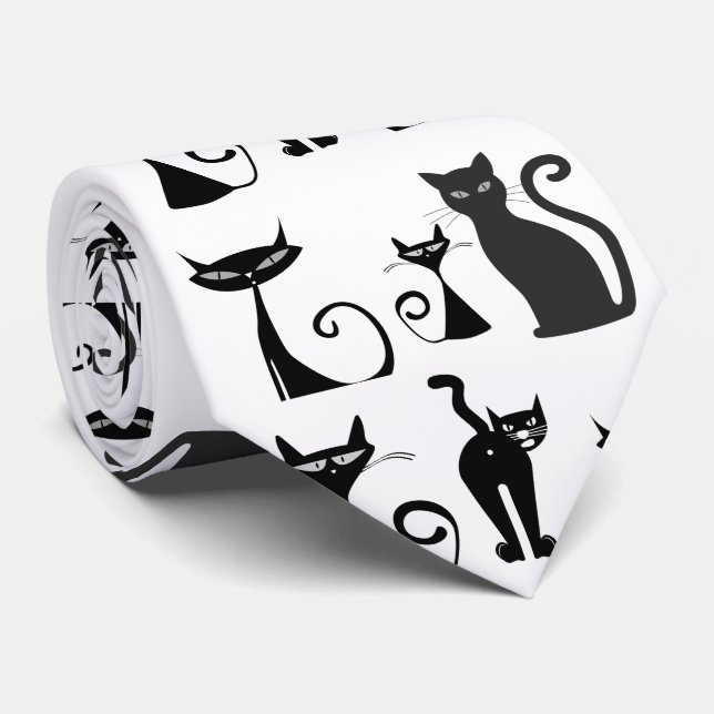 Black  and White Pattern with Funny Looking Cats Neck Tie (Rolled)