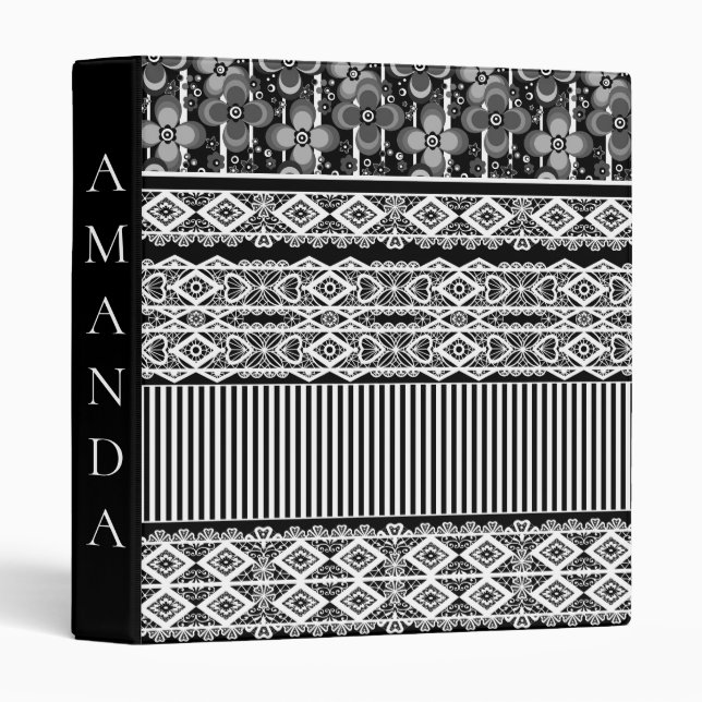 Black and white pattern with lace and patchwork 3 ring binder (Front/Spine)