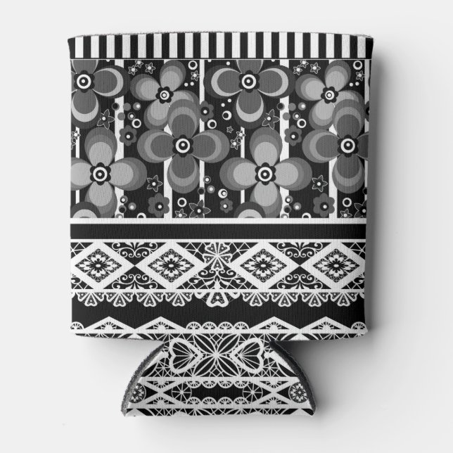 Black and white pattern with lace and patchwork can cooler (Front)