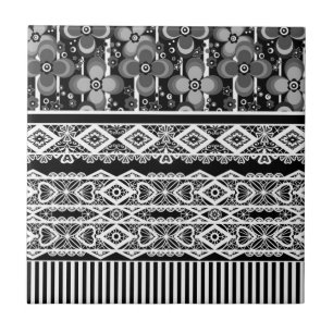 Black and white pattern with lace and patchwork ceramic tile