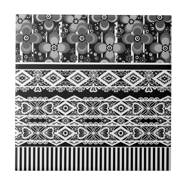 Black and white pattern with lace and patchwork ceramic tile (Front)