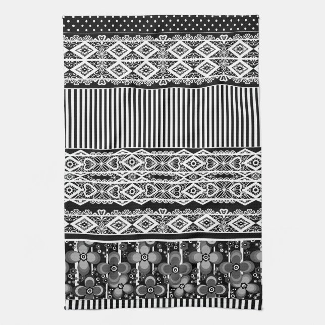 Black and white pattern with lace and patchwork kitchen towel (Vertical)