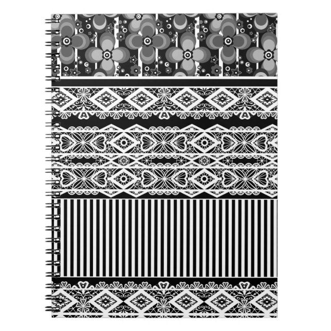Black and white pattern with lace and patchwork notebook (Front)