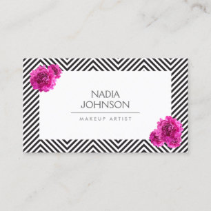 Black and White Pattern with Pink Flowers Beauty Business Card