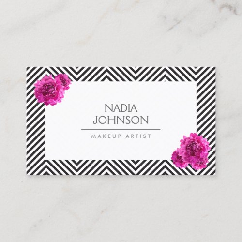 Black and White Pattern with Pink Flowers Beauty Business Cards