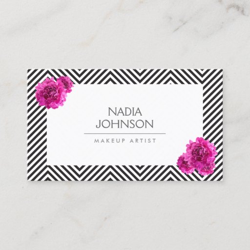 Customizable Black and White Pattern with Pink Flowers Beauty Business Cards