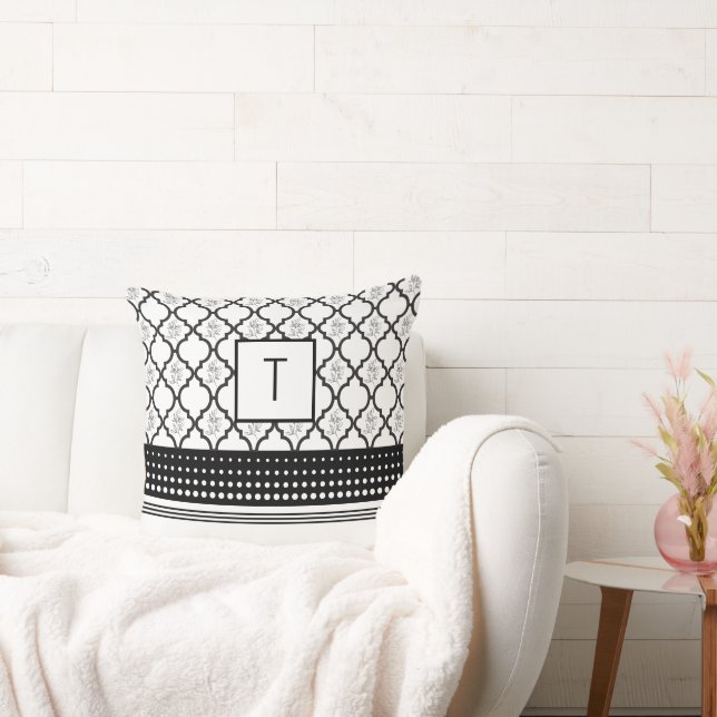 Black and White Patterned Monogram Throw Pillow (Couch)
