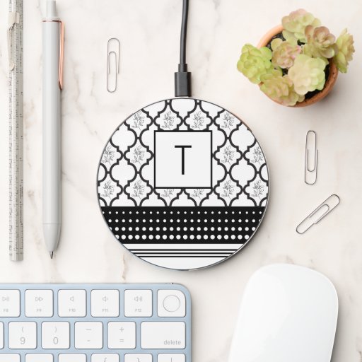Black and White Patterned Monogram Wireless Charger