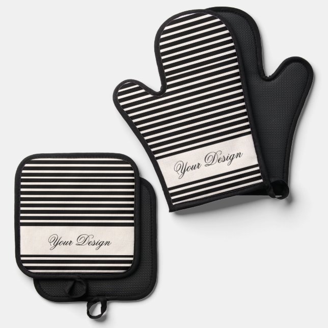 Black and White Patterned Oven Mitt & Pot Holder Set (Front/Back)