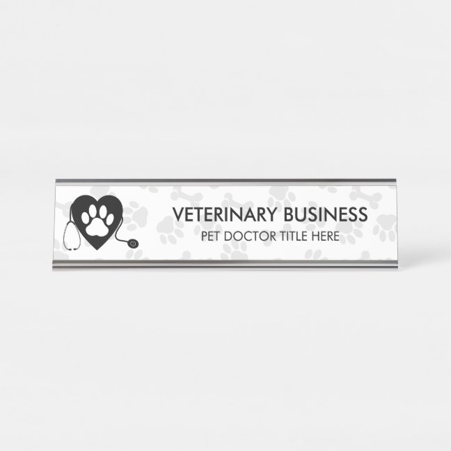 Black and White Paw Heart Stethescope Pet Desk Name Plate