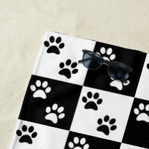 Black and white paw print checkered Beach Towel