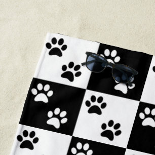 Black and white paw print checkered Beach Towel