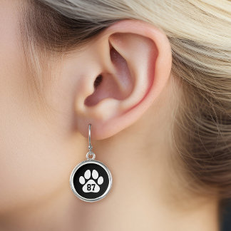 Black and White Paw Print Custom Jersey Number Earrings