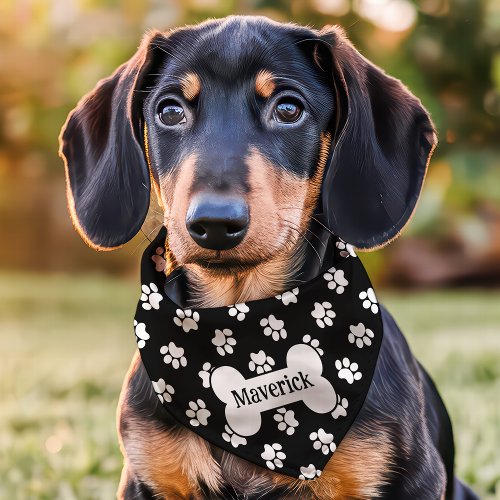 Black And White Paw Print Dog Bone Custom Name Pet Bandana Collar