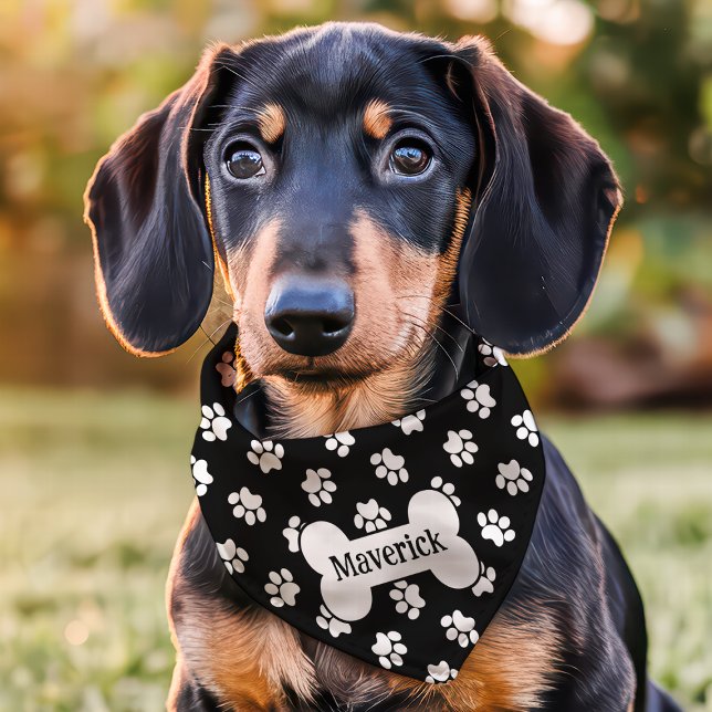 Black And White Paw Print Dog Bone Custom Name Pet Bandana Collar (Creator Uploaded)