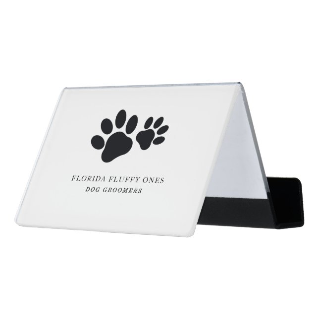 Black and White Paw Print Dog Groomer Desk Business Card Holder (Angled Back)