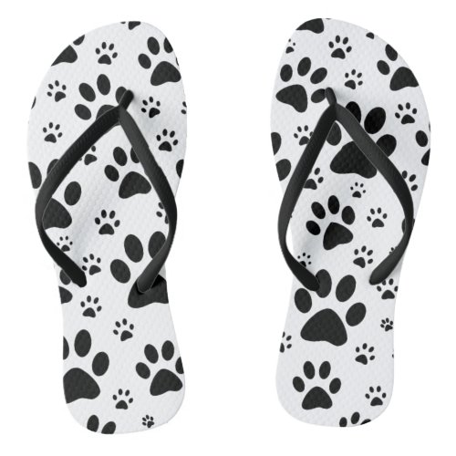 Black and white paw print flip flops