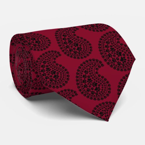 Black And White Paw Print Paisley Pattern Burgundy Neck Tie