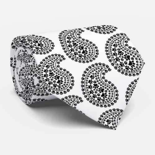 Black And White Paw Print Paisley Pattern Neck Tie