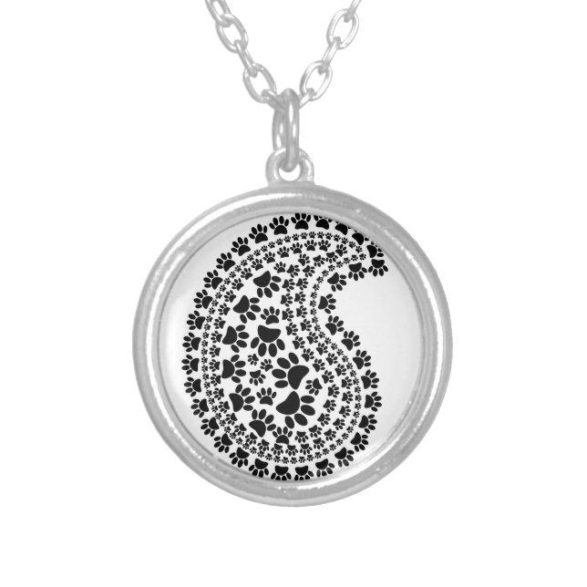Black And White Paw Print Paisley Pattern Silver Plated Necklace (Front)