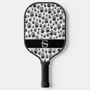 Black And White Paw Print Pattern Initial Monogram Pickleball Paddle