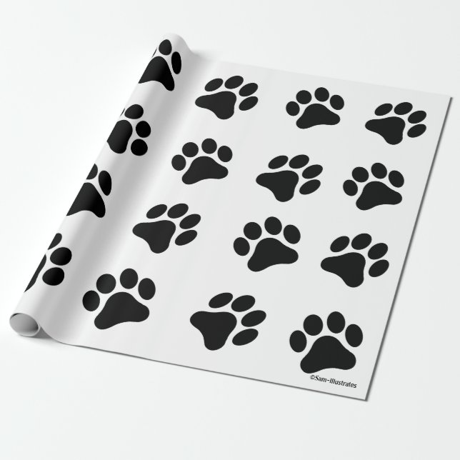 Black and White Paw Print Pattern Wrapping Paper (Unrolled)