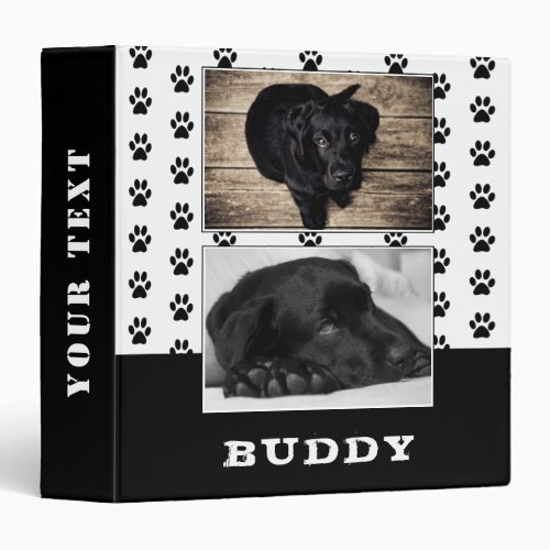 Black and White Paw Print Pet Dog Photo Album 3 Ring Binder - Black and White Paw Print Pet Dog Photo Album 3 ring binder. The binder has two photos of a dog and the dog`s name on a white background with a black animal paw print pattern. Personalize the binder with your dog or any other pet photo and your dog or pet`s name. Change or erase the text on the spine. A great keepsake gift, photo album, a scrapbook album, in memory of, notes and more for your dog or pet.