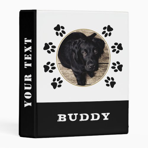 Black and White Paw Print Pet Dog Photo Album Mini Binder - Black and White Paw Print Pet Dog Photo Mini Album. The binder has a photo of a dog and the dog`s name with a black animal paw print pattern. Change or erase the text on the spine. A great keepsake gift, photo album, a scrapbook album, in memory of, notes and more for your dog or pet.