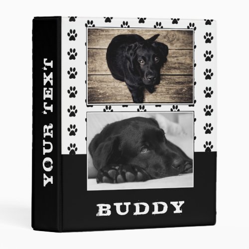 Black and White Paw Print Pet Dog Photo Mini Binder - Black and White Paw Print Pet Dog Photo Mini Album. The binder has two photos of a dog and the dog`s name on a white background with a black animal paw print pattern. Personalize the binder with your dog or any other pet photo and your dog or pet`s name. Change or erase the text on the spine. A great keepsake gift, photo album, a scrapbook album, in memory of, notes and more for your dog or pet.