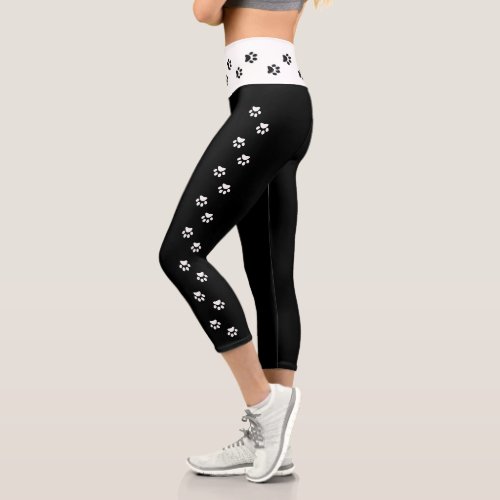 Black and White Paw Print Side Stripe High Waist Capri Leggings