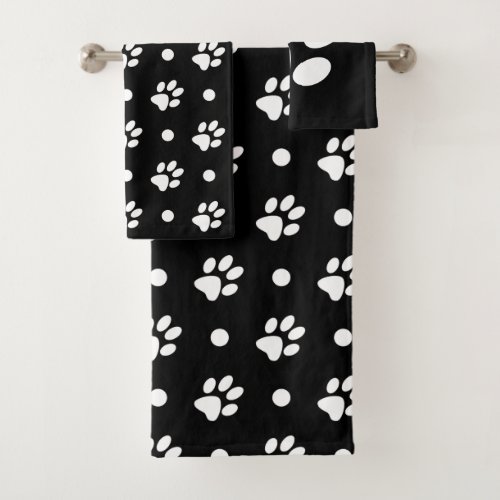 Black and White Paw Prints and Polka Dots Bath Towel Set