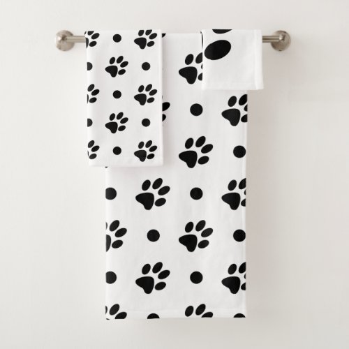 Black and White Paw Prints and Polka Dots Bath Towel Set