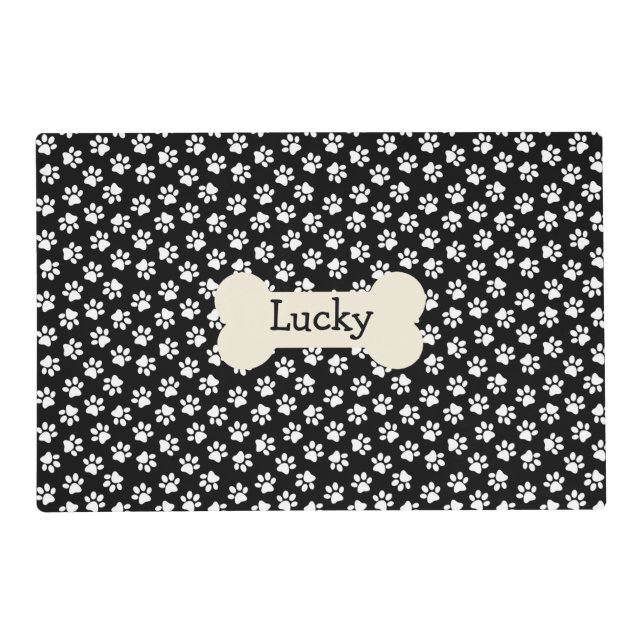 Black and White Paw Prints Monogram | Pet Dog Placemat (Front)