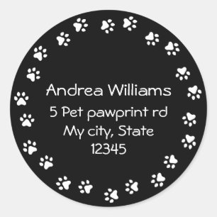 Black and white pawprint border return address classic round sticker