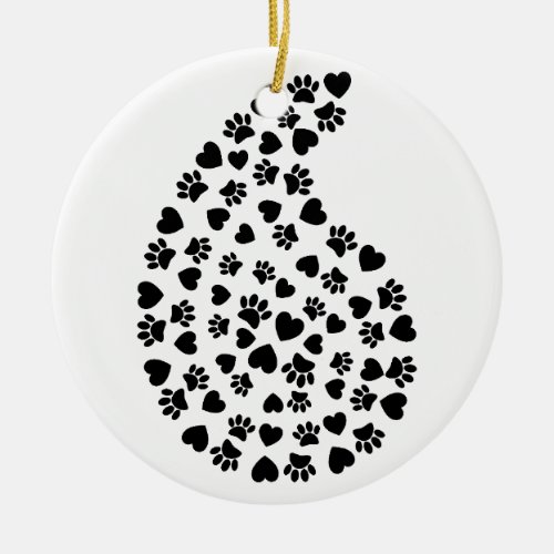 Black And White Paws And Hearts Paisley Pattern Ceramic Ornament