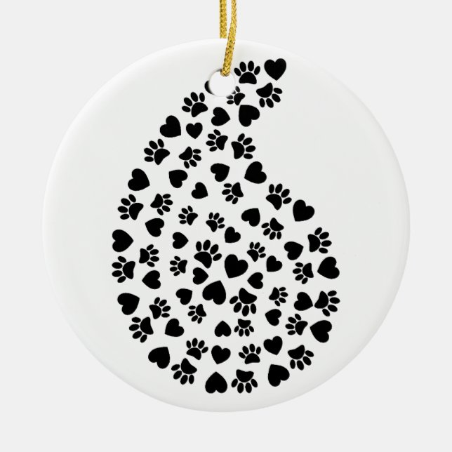 Black And White Paws And Hearts Paisley Pattern Ceramic Ornament (Front)