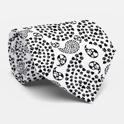 Black And White Paws And Hearts Paisley Print Neck Tie