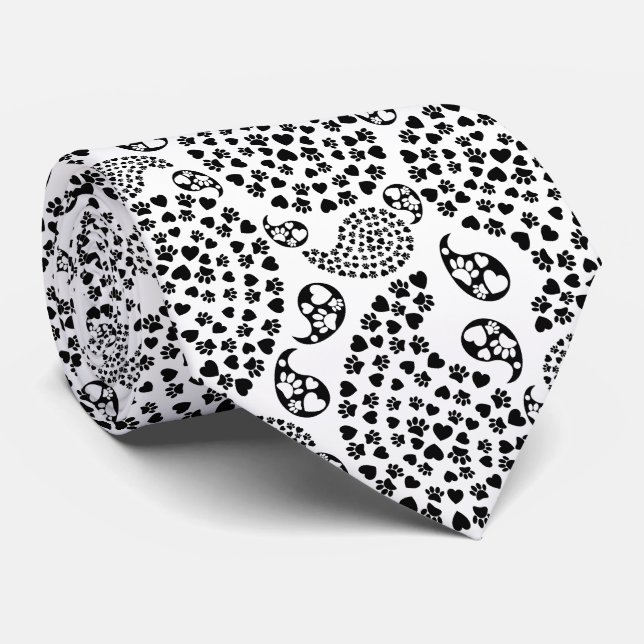 Black And White Paws And Hearts Paisley Print Neck Tie (Rolled)