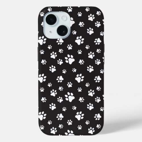 Black and white paws pattern iPhone 15 case
