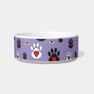 Black and White paws with hearts on blue Bowl