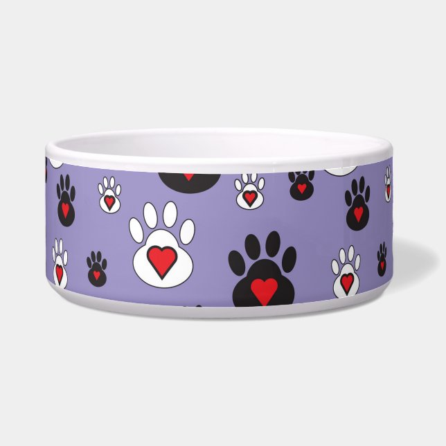 Black and White paws with hearts on blue Bowl (Front)