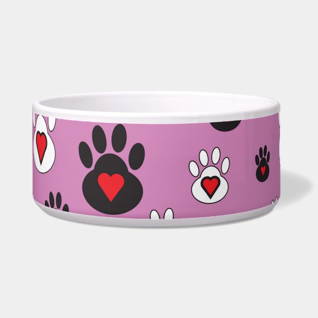 Black and White paws with hearts on pink Bowl (Front)