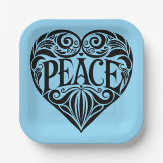 BLACK AND WHITE PEACE HEART PAPER PLATES