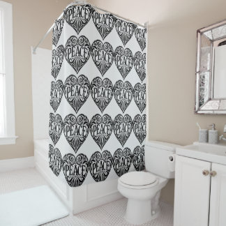 BLACK AND WHITE PEACE HEART SHOWER CURTAIN