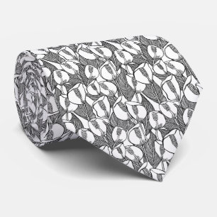 Black And White Peace Lily Pattern Neck Tie