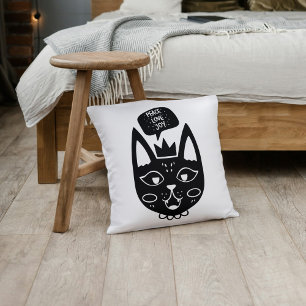 Black and White Peace Love Joy Cat-Themed Throw Pillow