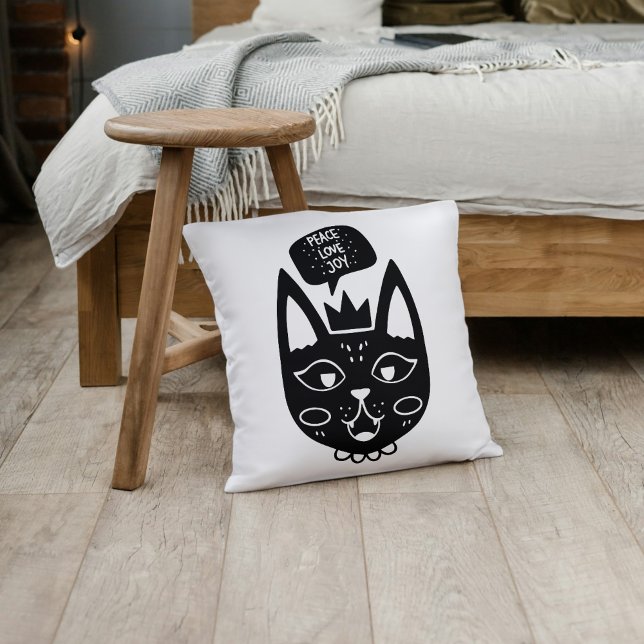 Black and White Peace Love Joy Cat-Themed Throw Pillow (Black and White Peace Love Joy Cat-Themed Throw Pillow)