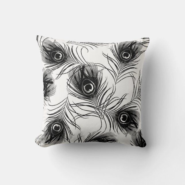   Black and White Peacock Feather Throw Pillow (Front)