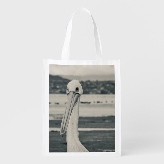 Black and White Pelican Photograph Grocery Bag (Front)